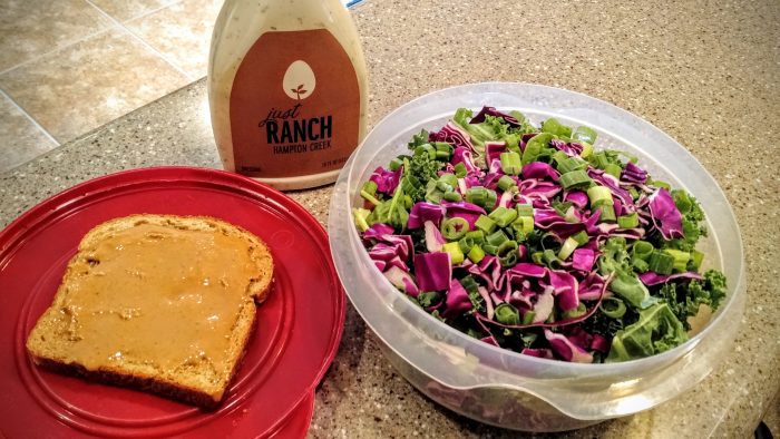 Lunch #1: Salad and bread with peanut butter