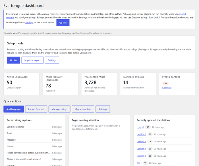 Evertongue dashboard